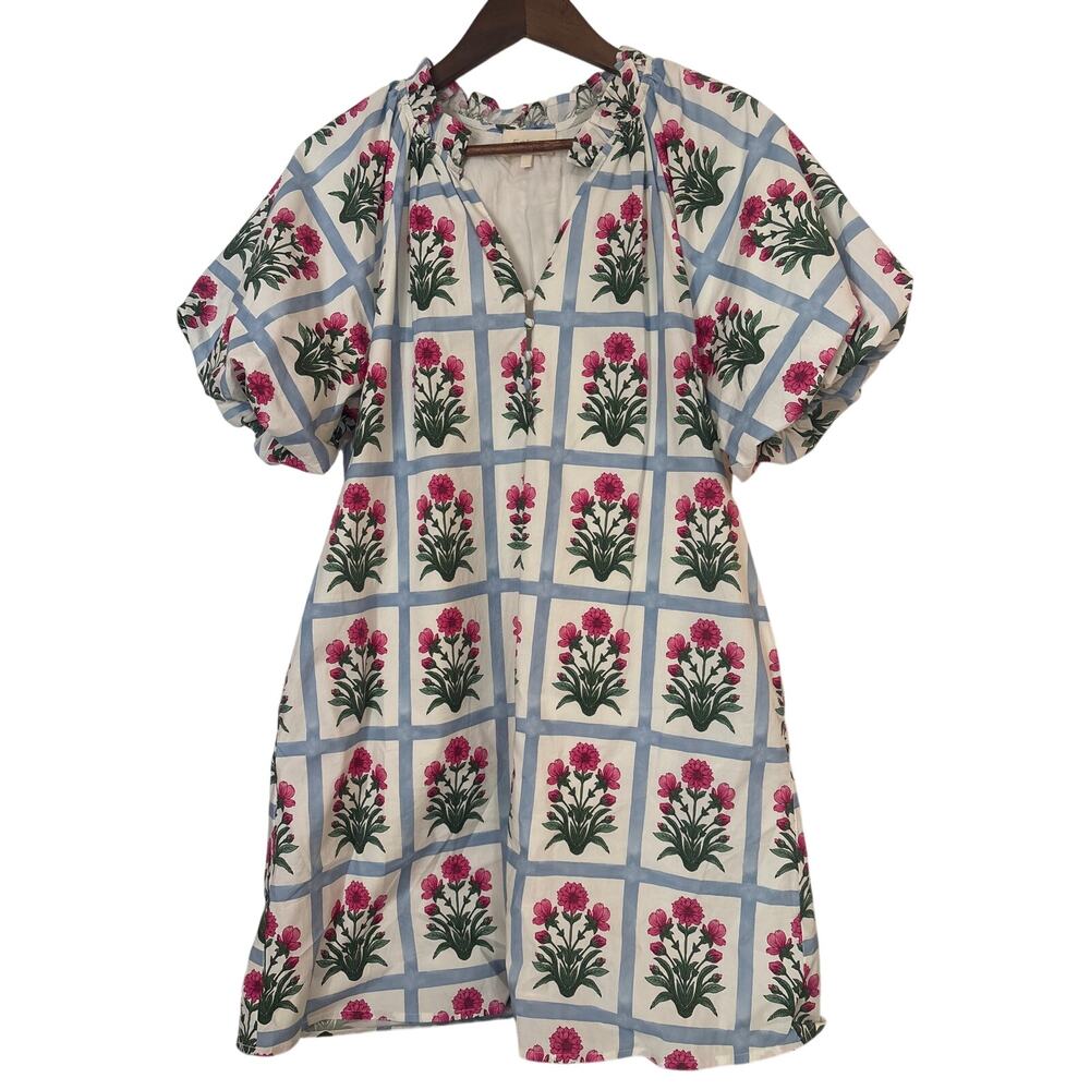 Womens Entro Dress Blue/White with Floral Short Puffy Sleeve size M
